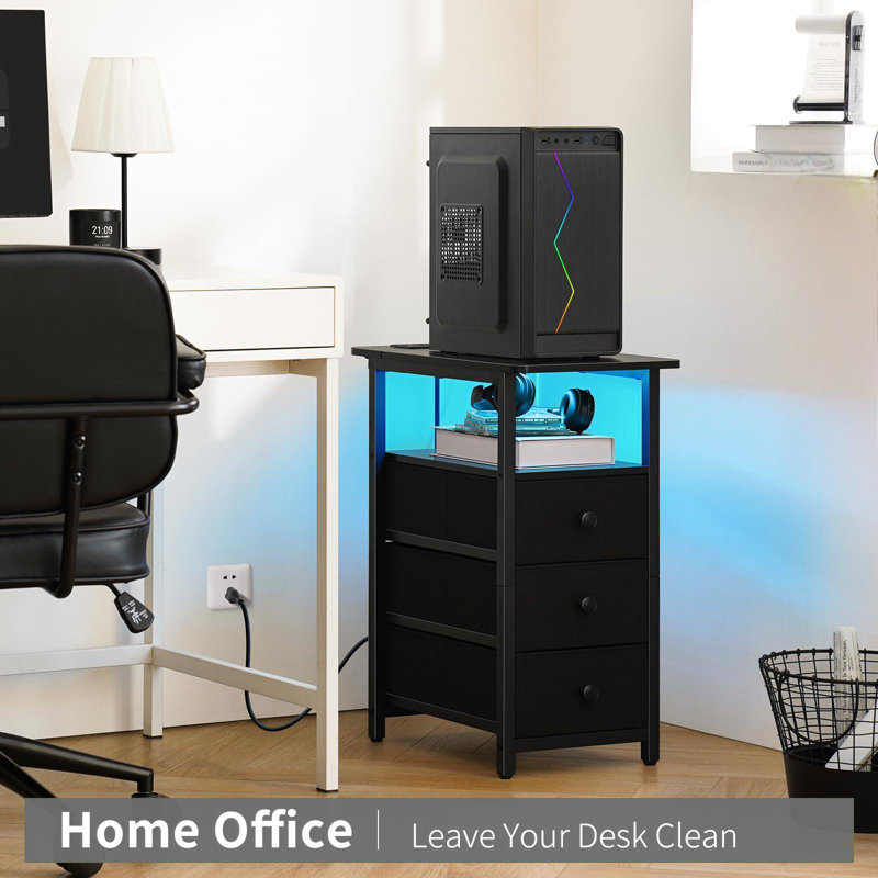 Black Metal and Fabric 3-Drawer Nightstand with LED Lighting