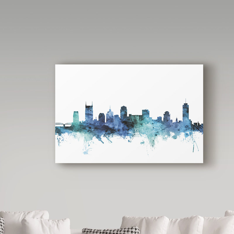 Nashville Tennessee Blue Teal Skyline by Michael Tompsett - Print on Canvas, 12" H x 19" W x 2" D