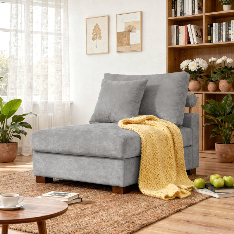 Upholstered Gray Chenille Armless Chair with Pillow Back, Single Chair Module Part For Sectional Sofa, Gray, Chenille