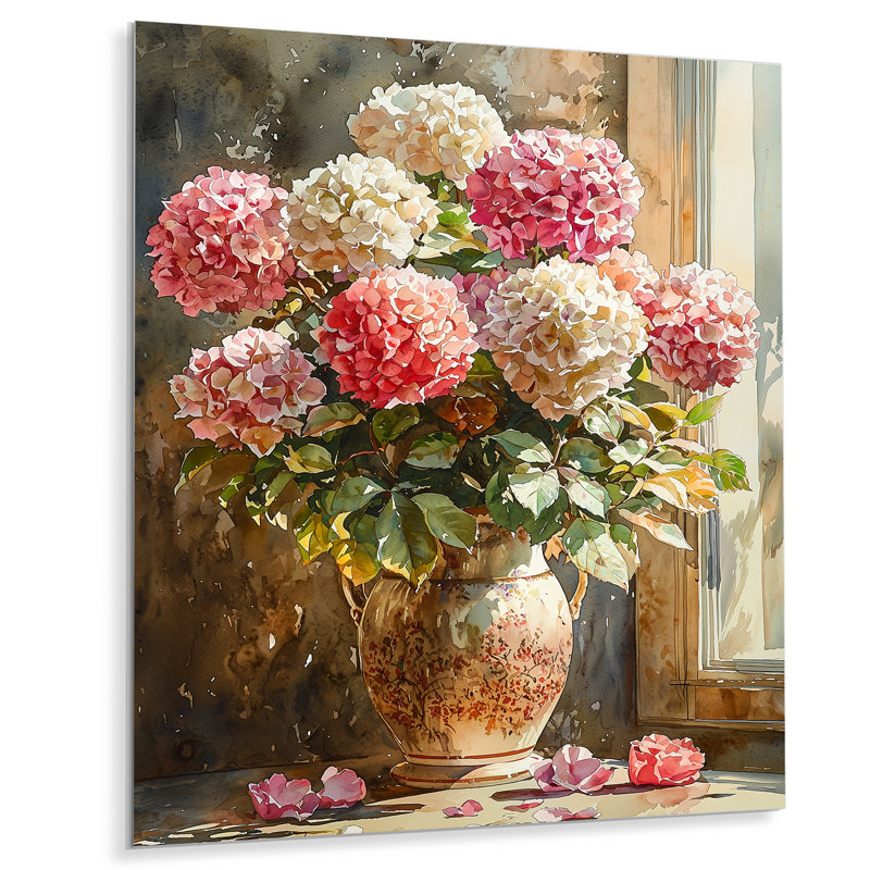 Hortensias roses dans un vase de poterie - impression d'art en métal traditionnel, hydrangées en métal, H 40 po x l 30 po