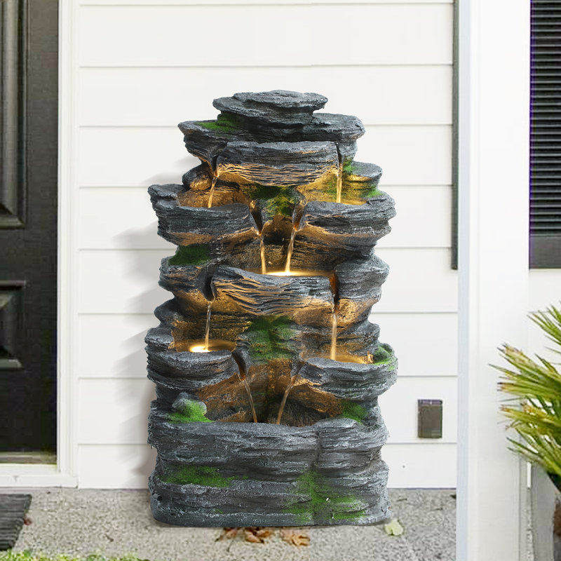 7-Tier Cascading Rock Water Fountain Outdoor Garden Waterfall with Lights, Fountain Indoor Decor