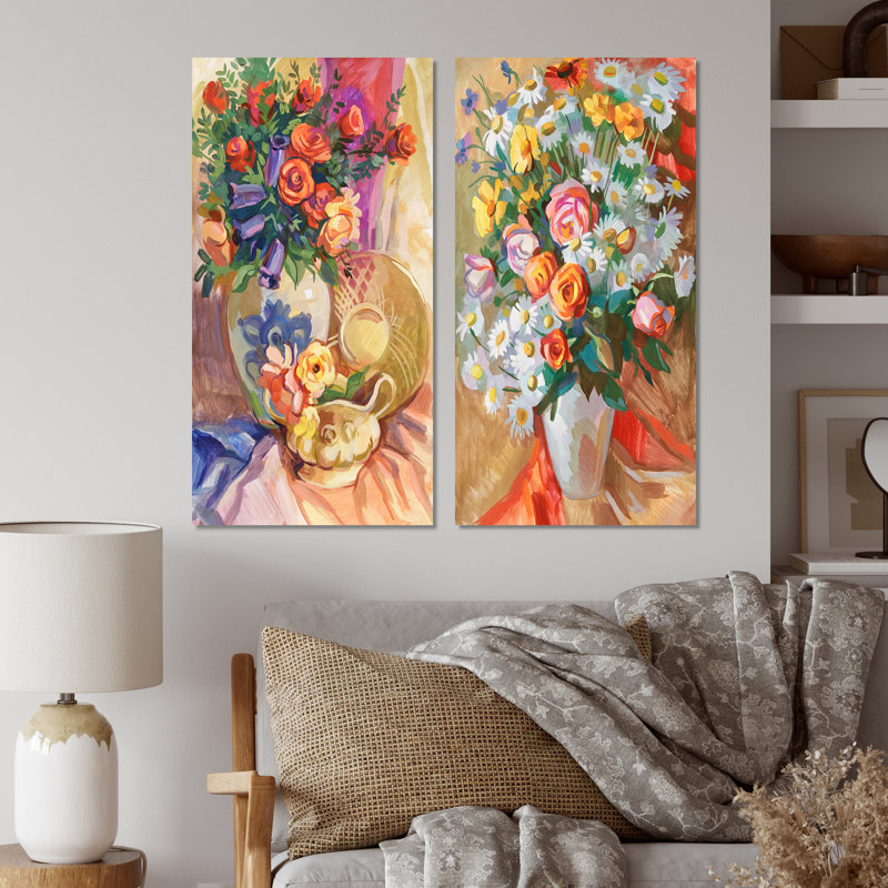 Nature morte bouquet de fleurs V - ensemble de 2 peintures sur toiles, Toile tendue, H 40 po x l 40 po x P 1 po