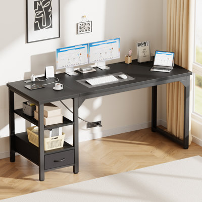 Bureau d'écriture 63 pouces avec tiroir, bureau d'ordinateur réversible de 1,2 po d'épaisseur avec prise de courant, table de bureau, noir