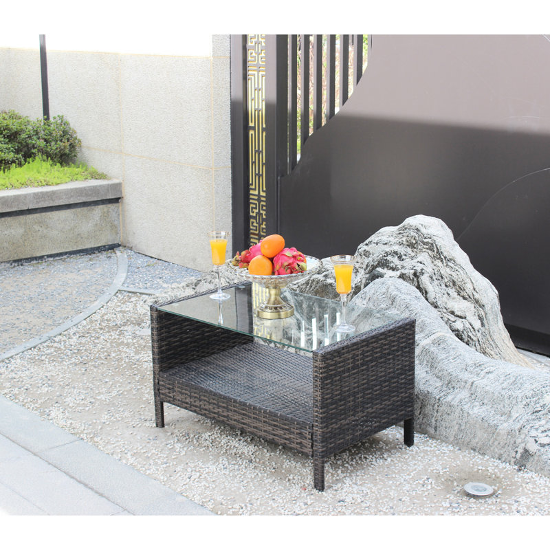Table basse d'extérieur brune avec surface en verre trempé, 34,6 x 20,5 x 17,7 pouces, protégée, outils d'assemblage disponibles facilement