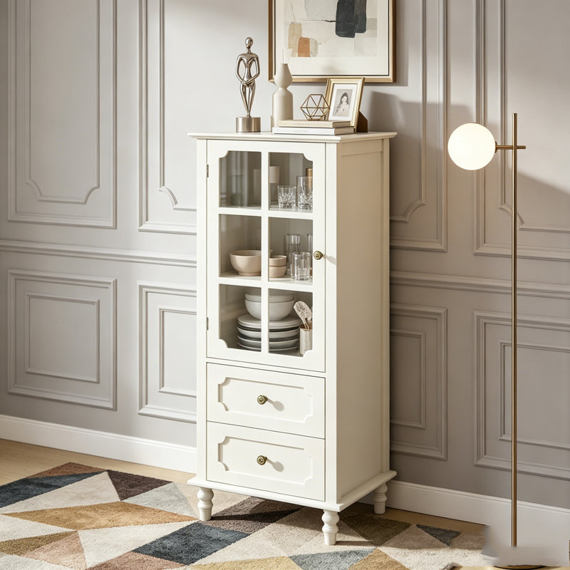 Buffet avec portes en verre et double tiroir, Creamy White