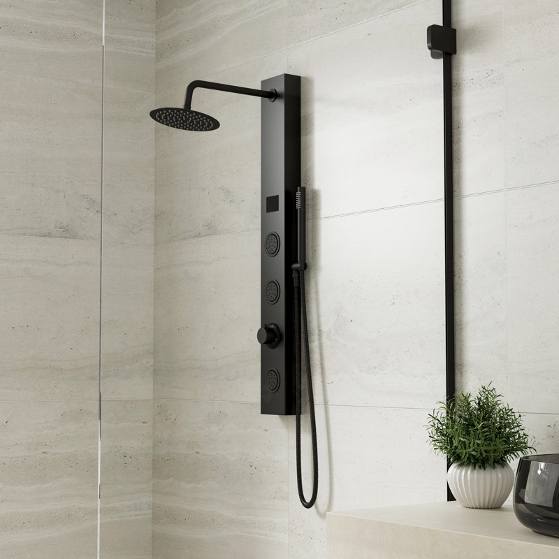 Système de panneau de douche 72 po avec affichage numérique, pluie, jets de corps et douchette, tour de douche spa