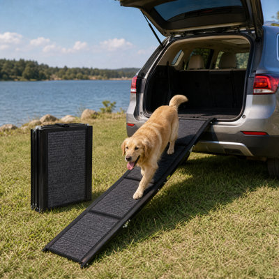 Rampe pliable pour chien en voiture 180 cm L x 44 cm l x 2,5 cm H Alliage d'aluminium 1 pièce Rampe pour animaux de compagnie Surface en feutre antidérapant noir Capacité de 90 kg pour chiens moyens et grands