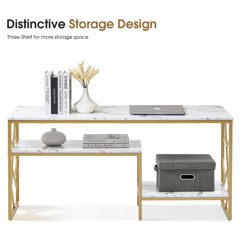 White Sofa Table, Narrow Entryway Table With Storage Shelf, Faux Marble Top Console Table