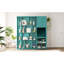 Lit simple bleu sarcelle avec 180 tours pivotantes, étagère peu encombrante, bureau escamotable et unité de rangement supplémentaire avec mur tournant avec bibliothèque intégrée, surface supérieure et tablette de table de travail pliable