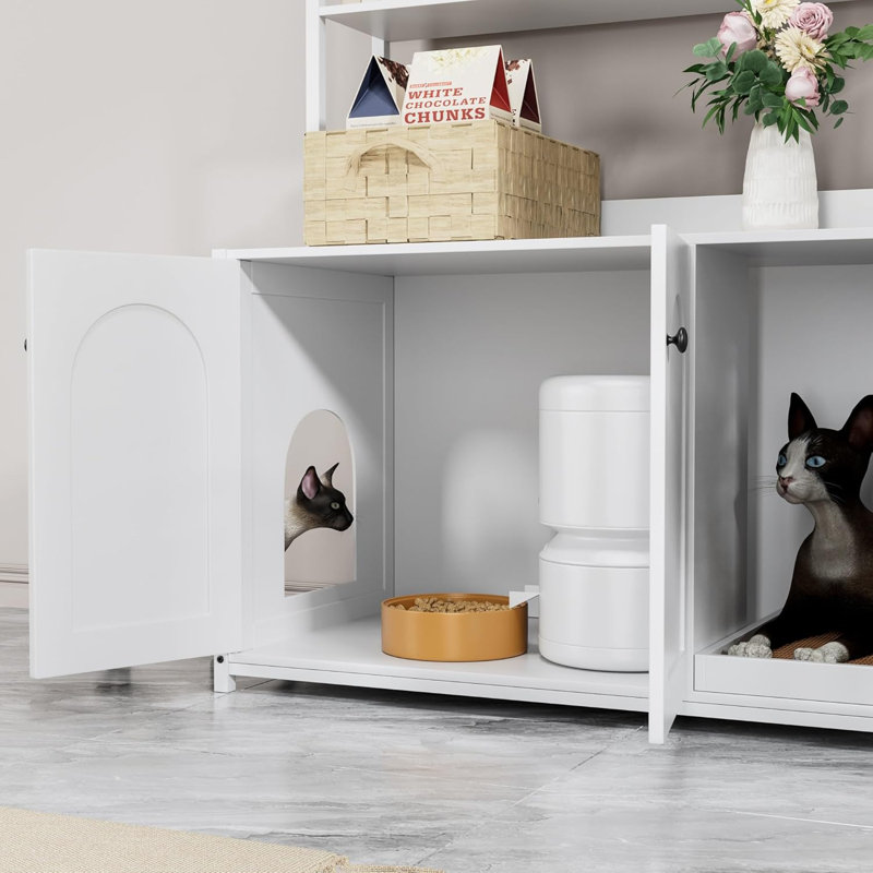 Enceinte de litière blanche cachée pour chat avec 2 tablettes de rangement, maison de chat pour l'intérieur et bibliothèque