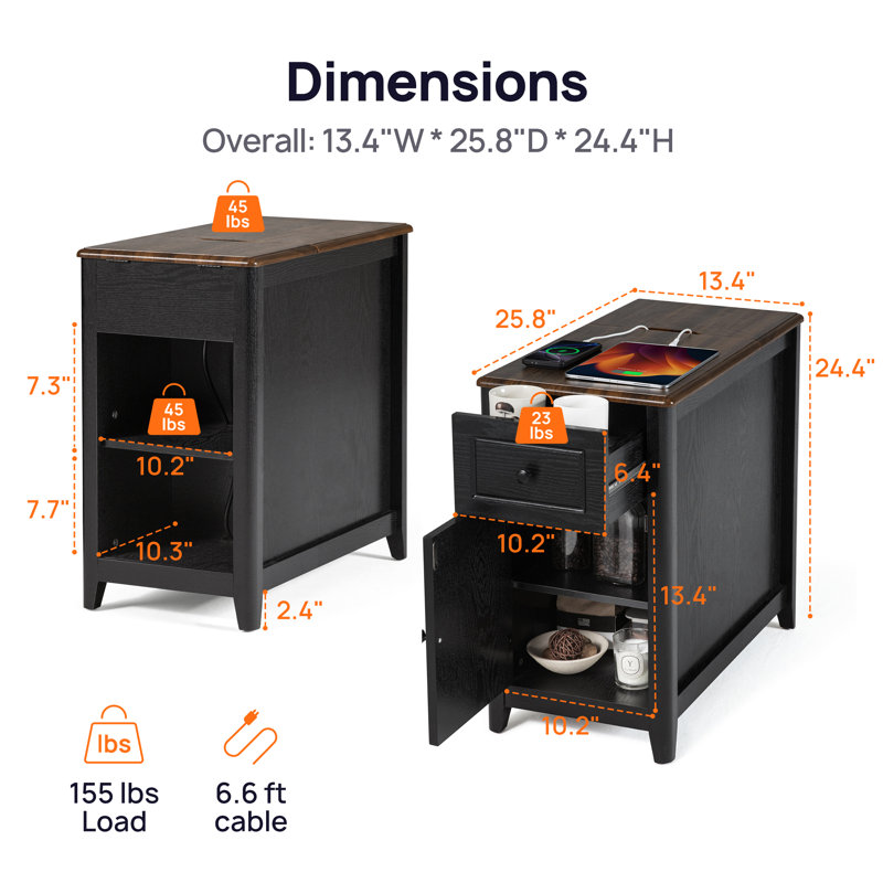 Table de bout avec station de chargement et ports USB cachés, Noir