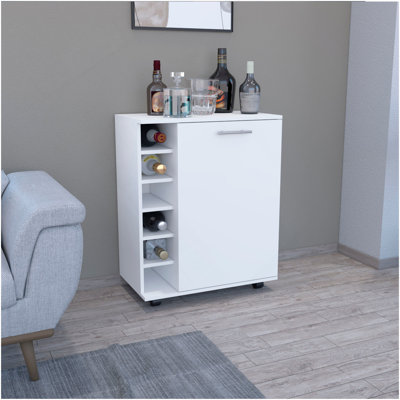 Bar -Coffee Cart 32" H, Kitchen Or Living Room Cabinet Storage With 4 Wheels, With 6 Bottle Racks, A Central Shelf Covered By 1 Door, Ideal For Storin