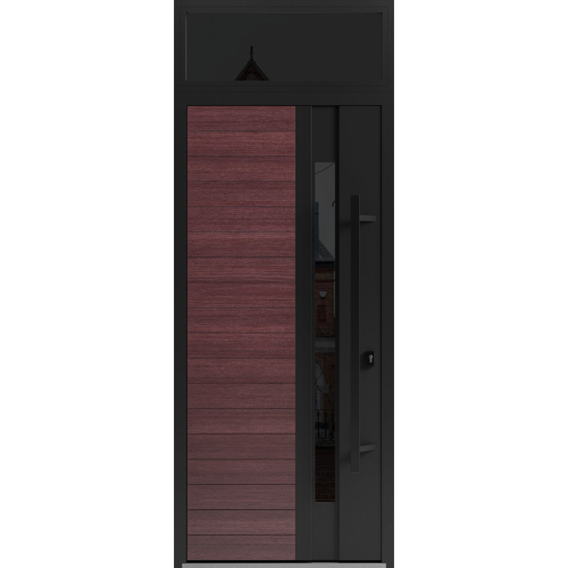Façade avant en acier pré-suspendue / Ronex 0162 Chêne rouge / Fenêtre extérieure en haut Sidelite / Entrée en métal peint moderne l 36 po x H80 + 16 po à gauche