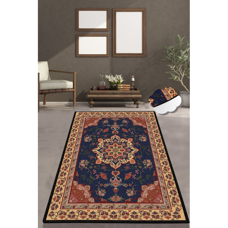 Tapis brun / bleu marine en polyester tissé à la machine Ault, Rectangle 3 pi 11 po x 5 pi 11 po