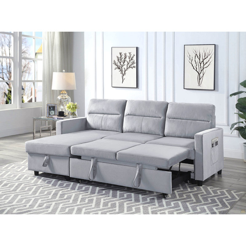 Ruby 81.5" Light Gray Velvet Reversible Sleeper Sectional Sofa With Storage Chaise And Side Pocket