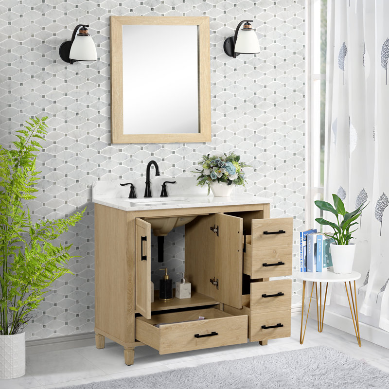 Hardin 36" Single Vanity with Carrara White Quartz Top, Sink & Backsplash, Pre Assembled