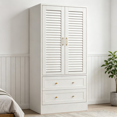 Spacious Wooden Wardrobe Closet – 65" Louvered Doors, 2 Drawers, Hanging Rod, Durable Composite Wood, Bedroom/Laundry/Entrance Hall Storage, White 1