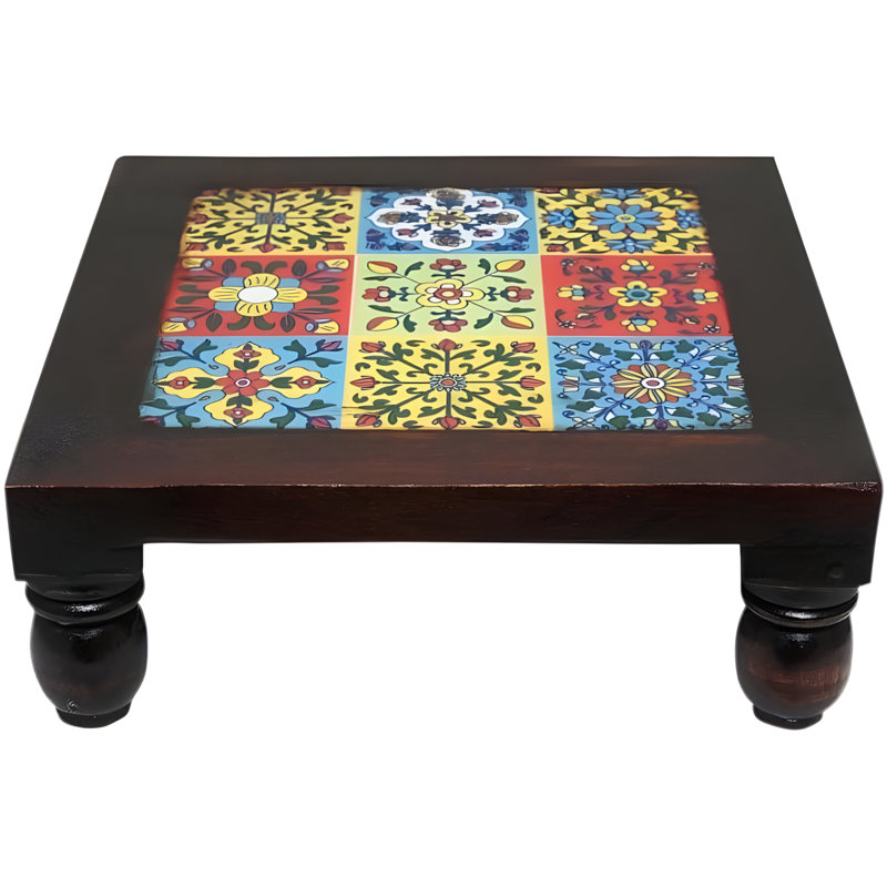 Pooja Chowki fabriqué à la main en bois avec 9 tuiles décoratives pour objets religieux, décor d'autel et sanctuaire