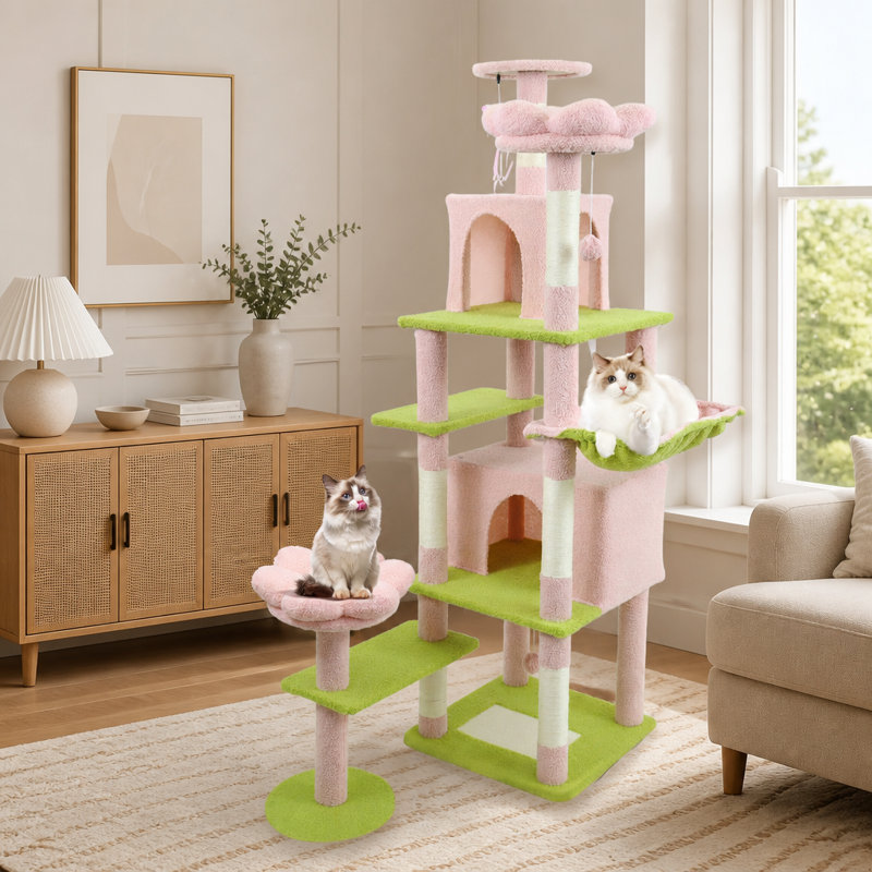 Arbre à chat 71 pouces avec grande maisonnette, coussin amovible et hamac pour grands chats, Pink