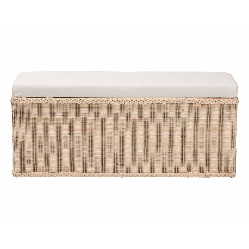 Bali & Pari Barid Braided Natural Rattan Storage Bench With Cushioned Lift-Top Lid – Coastal Boho Style Chest