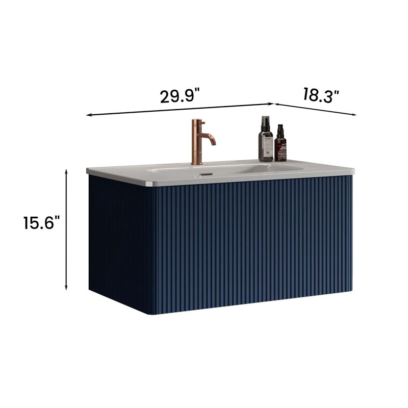 Meuble-lavabo mural moderne à rayures avec lavabo en céramique, Bleu marine