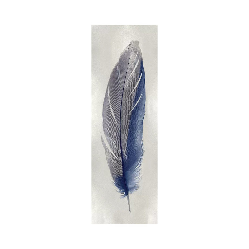 Blue Feather On Silver II by Julia Bosco - No Frame Panoramic Gallery-Wrapped Canvas Giclée on Canvas, 91.44cm H x 30.48cm W