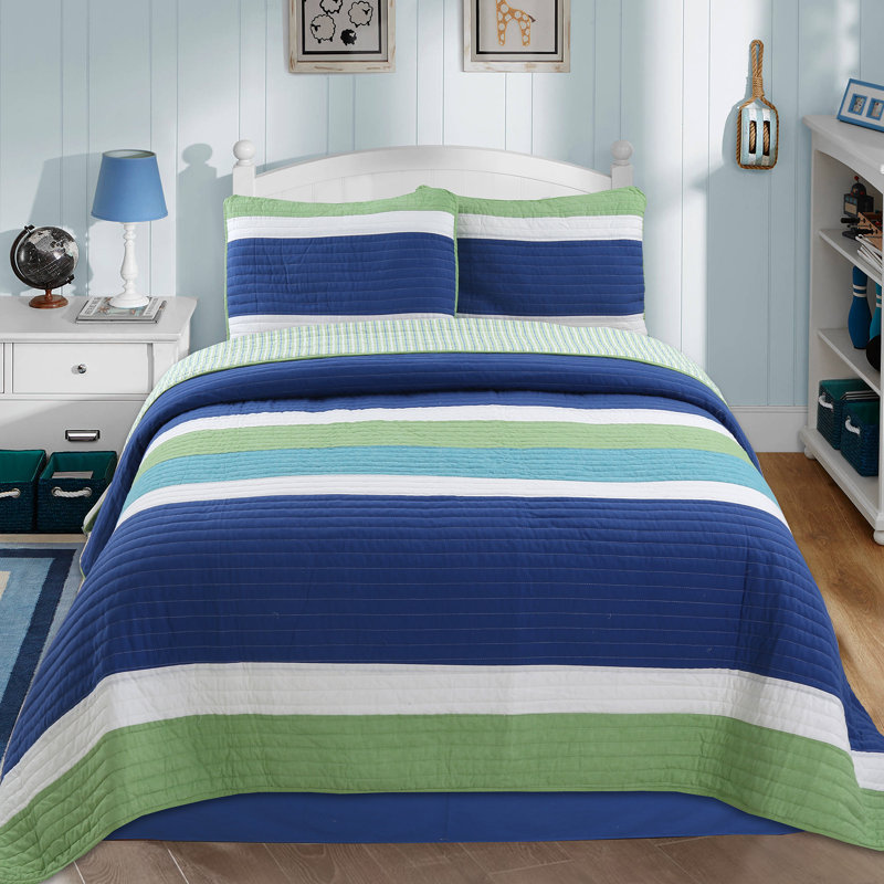 Waylon Blue and Green Cotton Twin Reversible Quilt Set