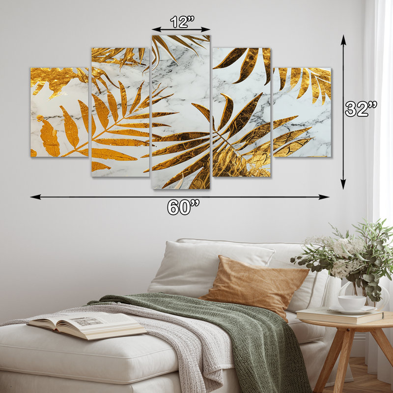 «Gold Glam Botanical On White - Leaves», art mural 5 pièces