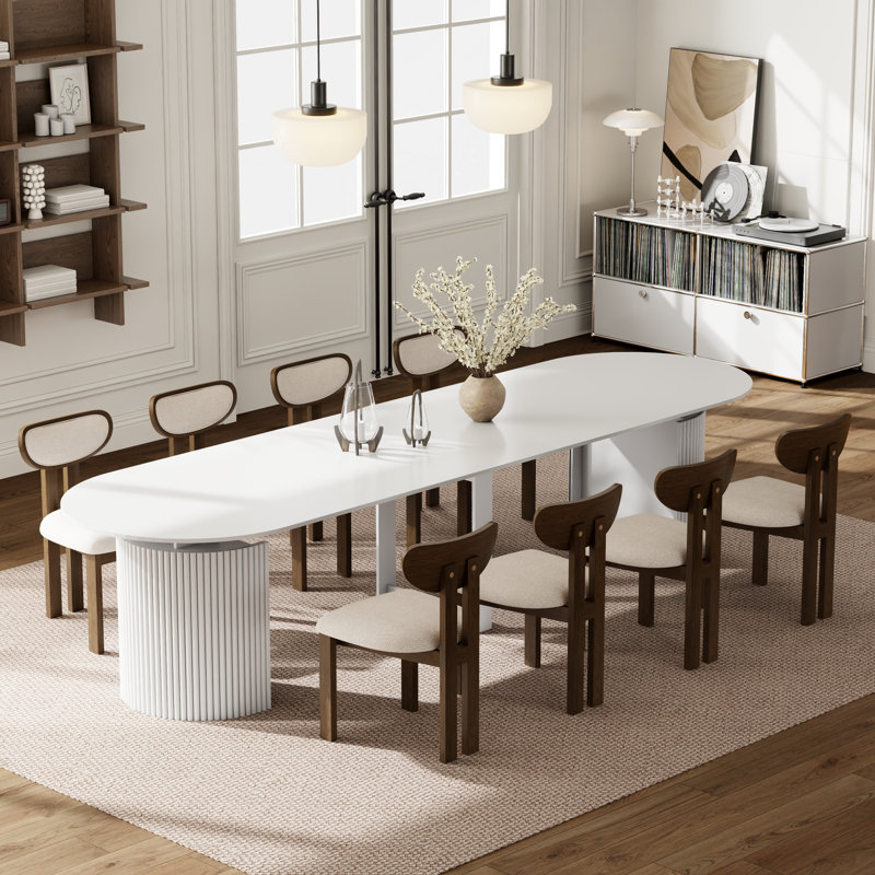Ensemble de table de salle à manger extensible Modern Farmhouse, Blanc, 9 Pieces: Table, 8 Chairs, Beige