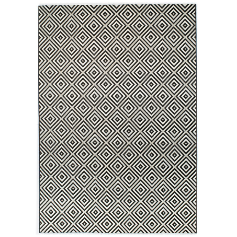 Tapis intérieur / extérieur noir / blanc à motif géométrique Ammons, Rectangle 5 pi 3 po x 7 pi