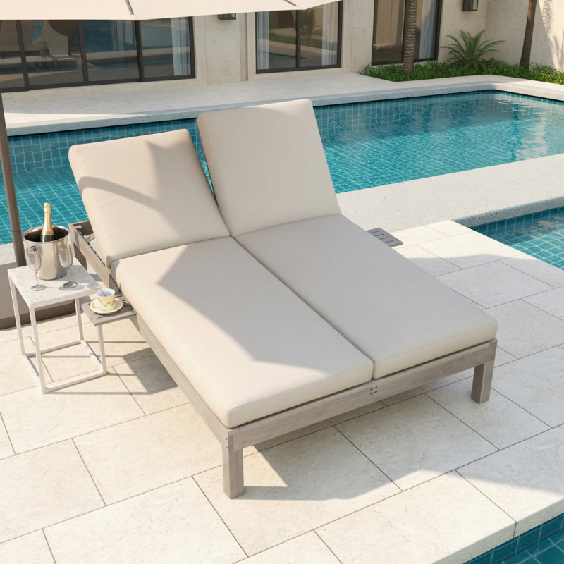 5-Position Adjustable Double Chaise Lounge with Cushion and Side Trays, Gray