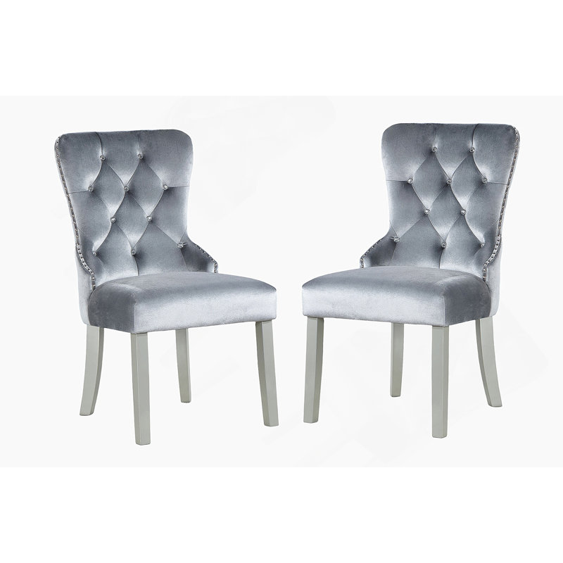 Chaises de salle à manger Glam gris foncé à oreilles en flanelle avec capitonnage en acrylique et garniture cloutée, ensemble de 2