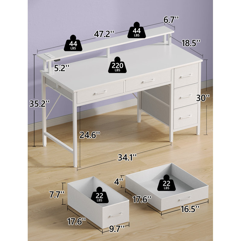 Linze Computer Desk w/ Monitor Shelf, RGB LED Lights, USB Ports & Drawers, 35.20"H x 47.20"W x 18.50"D, White