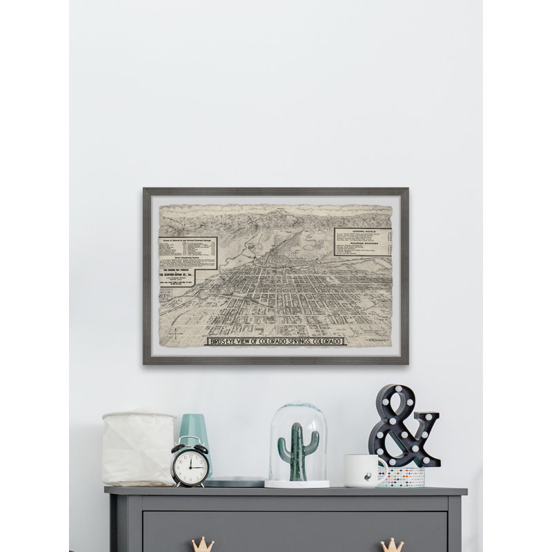 Vue d'oiseau de Colorado Springs - Reproduction d'art graphique sur papier encadré, H 12 po x l 18 po x 1,5 po