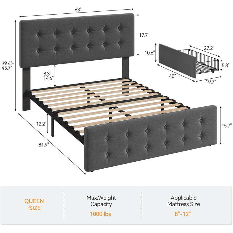 Bed Frame with Adjustable Headboard, Queen, Black/Dark Gray