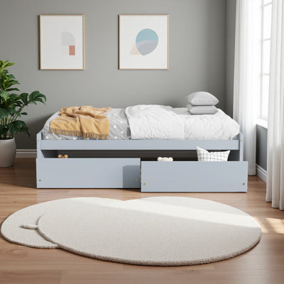 Lit simple avec 2 tiroirs, lit en bois d'hévéa massif