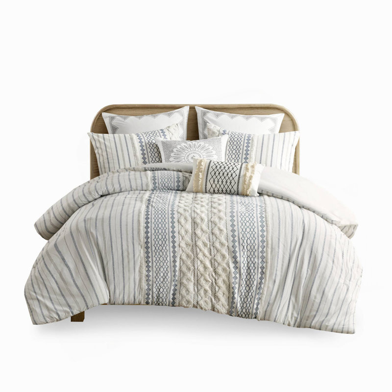 Cotton Printed Comforter Set With Chenille White/Navy Full/Queen, White/Navy Striped, Queen Comforter + 2 Pillow Shams