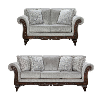 Gray And With Wood Accents, Microfiber Fabric, Rolled Arms, Dark Cherry Feet, High Foam Padding, Paired Matching Pillows Decoration, Along
