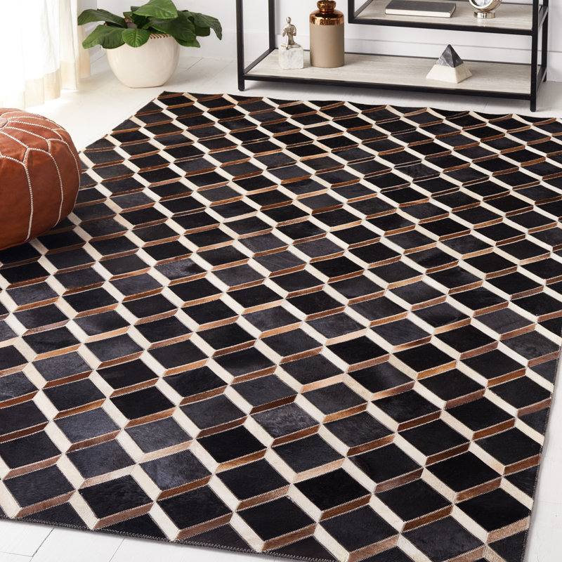 Studio Leather Hand Woven Wool/Leather/Non Woven Felt Geometric Rug in Black/Brown, Rectangle 5' x 8'