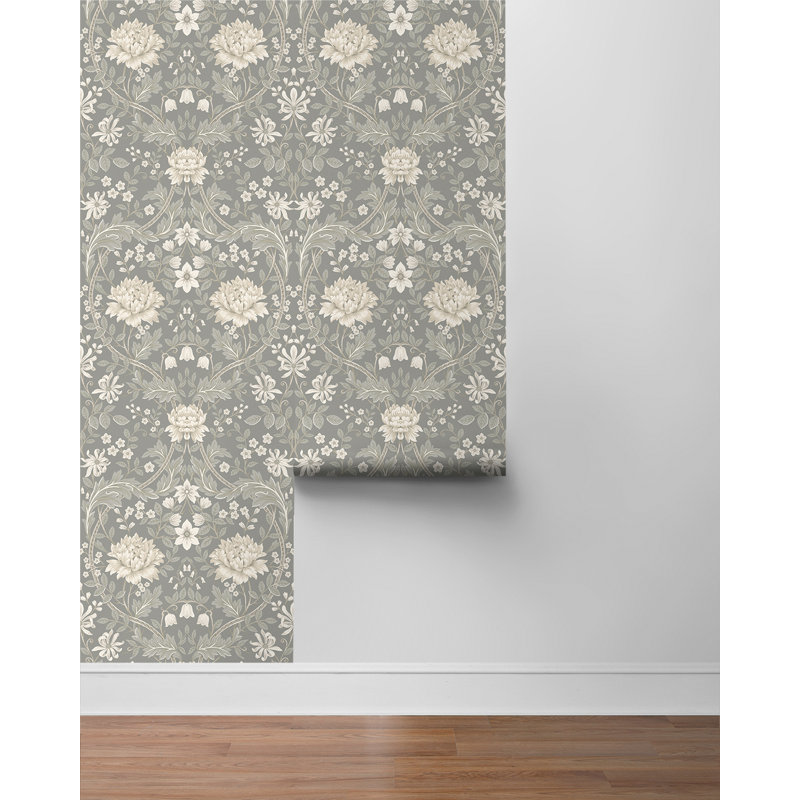 Papier peint pré-encollé à motif de chèvrefeuille ivoire et gris Winston Porter Designs, Gris
