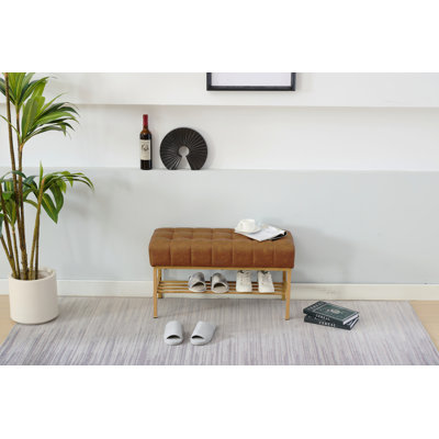 Banc de bout de lit avec tablette, banc de rangement rembourré pour chaussures en cuir rétro, banc de chambre à coucher moderne avec pieds en métal pour le salon, le vestibule, la salle à manger (brun)