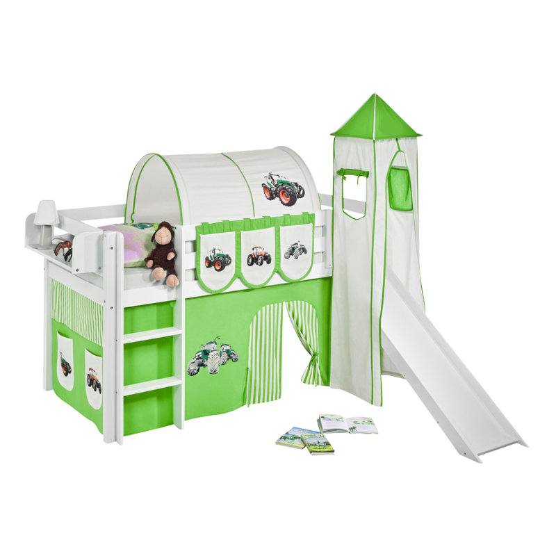 Trecker European Single (90 x 200cm) Mid Sleeper Bed with Curtain, Green / Beige