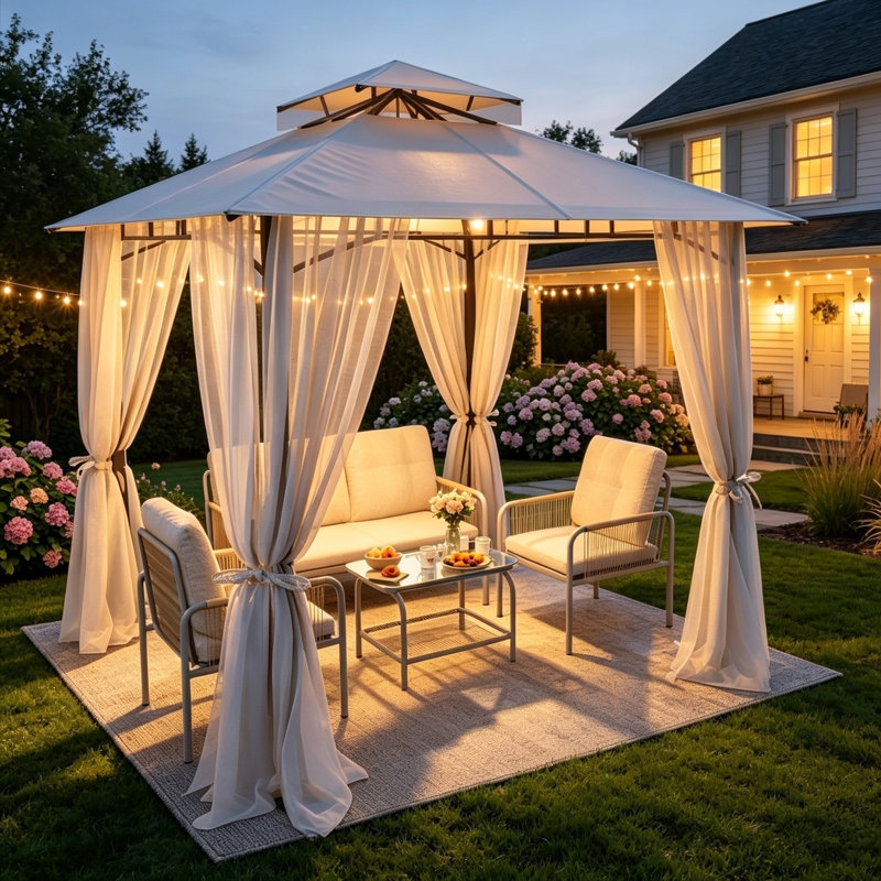 Pavillon de jardin 8 pi x 8 pi à toit souple avec double toit et moustiquaire, auvent extérieur robuste en métal, abri de tente pour patio