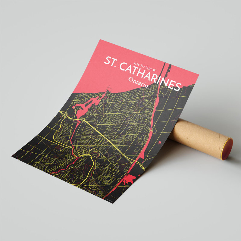 St. Catharines City Map, impression, Noir / rouge / jaune, H 24 po x l 18 po