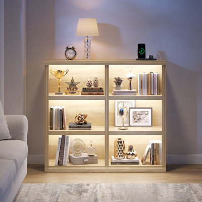 47''W Cube Bookcase with LED Lights, 6 Cubbies Open Bookshelf