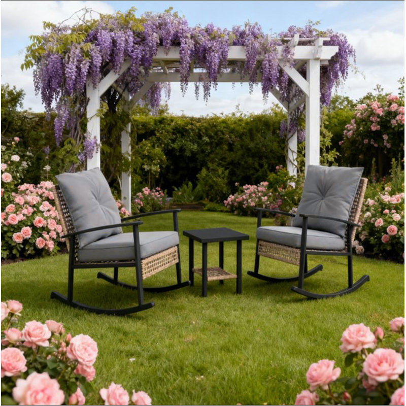 Ensemble de coussins capitonnés à boutons avec meubles de patio, chaises berçantes en rotin, table basse, Gris