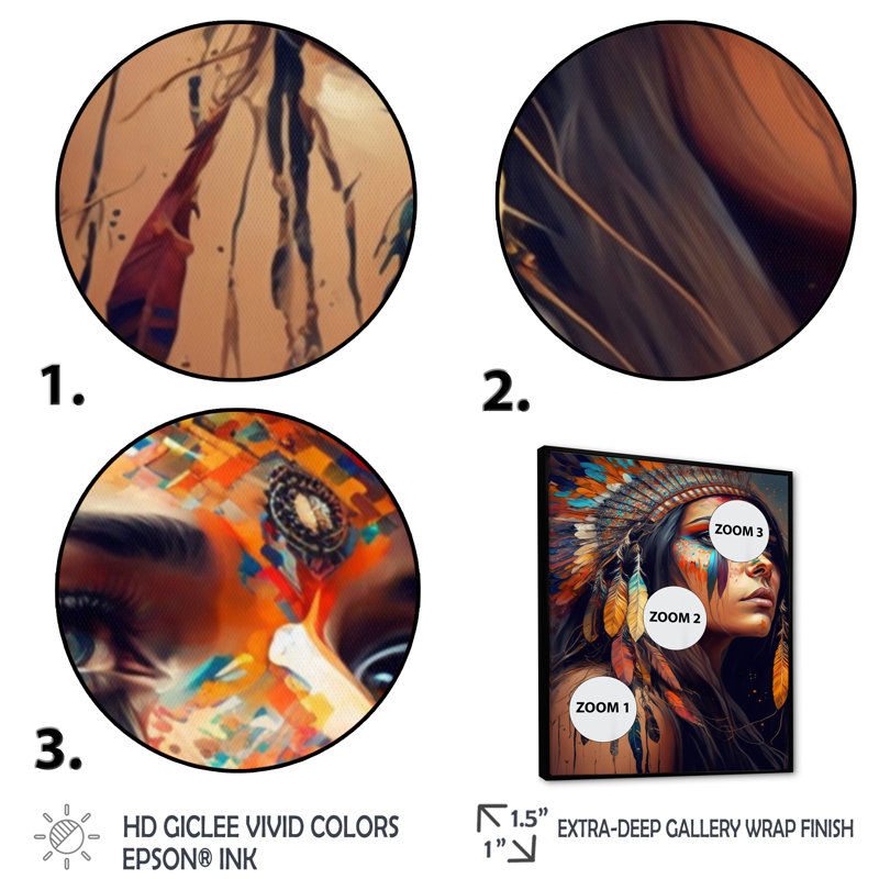 Art coloré sur toile femme amérindienne colorée V, H 40 po x l 30 po x P 1,5 po, Toile avec cadre flottant noir