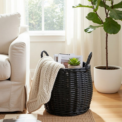 Lesa Multi Use Storage Basket With Handles, 13 Inch Black Wicker Woven