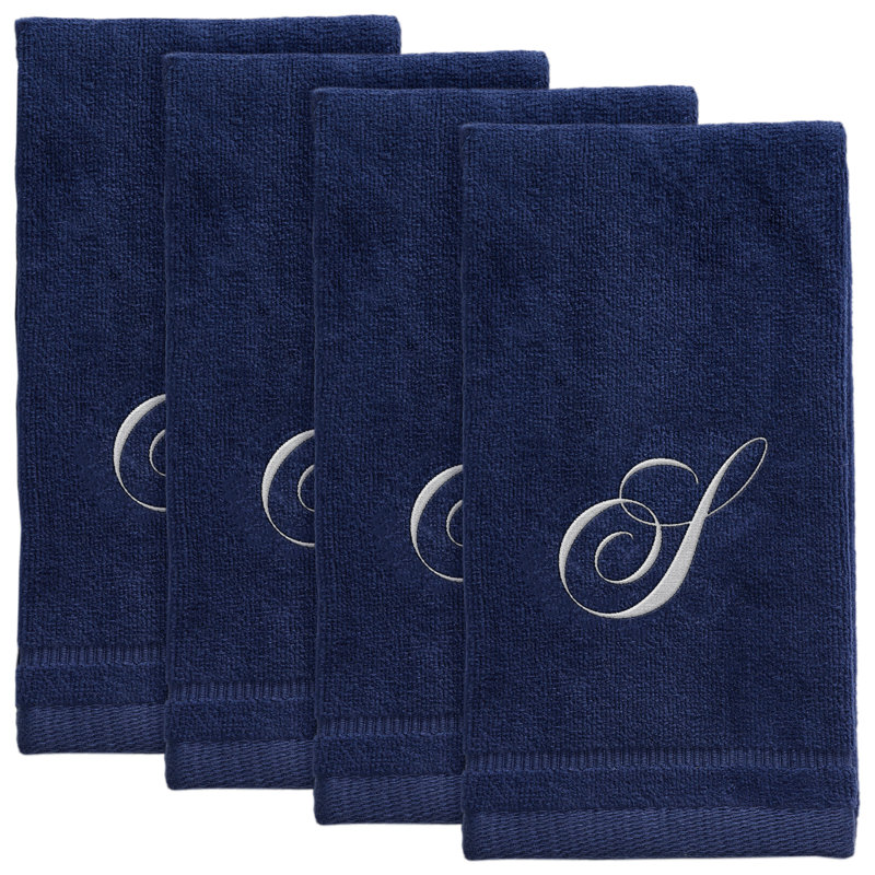 Set of 4 Navy Blue Monogrammed Towel - White Embroidered, S
