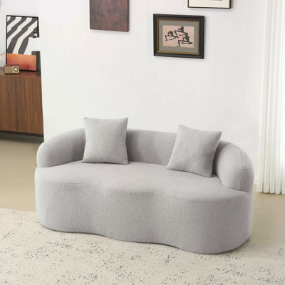 Grey Curved Loveseat Sofa With Round Armrest, Compression Couch With 2 Pillows, Cream Couch For Small Space, Living Room, Bedroom, No Assembly